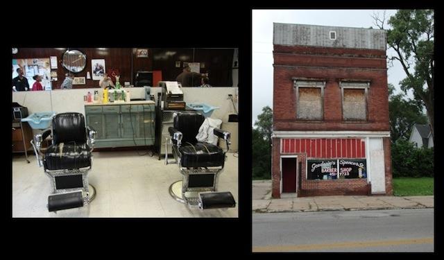 Interior image of barbershop chairs and exterior image of building